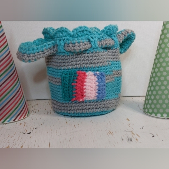 Turquoise and Grey Striped Pouch with Colorful Design Cute Gift Bag Boho Retro - Picture 8 of 8